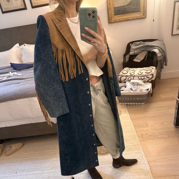 Denim and Tan Fringe Women's Coat - Picture 3 of 10